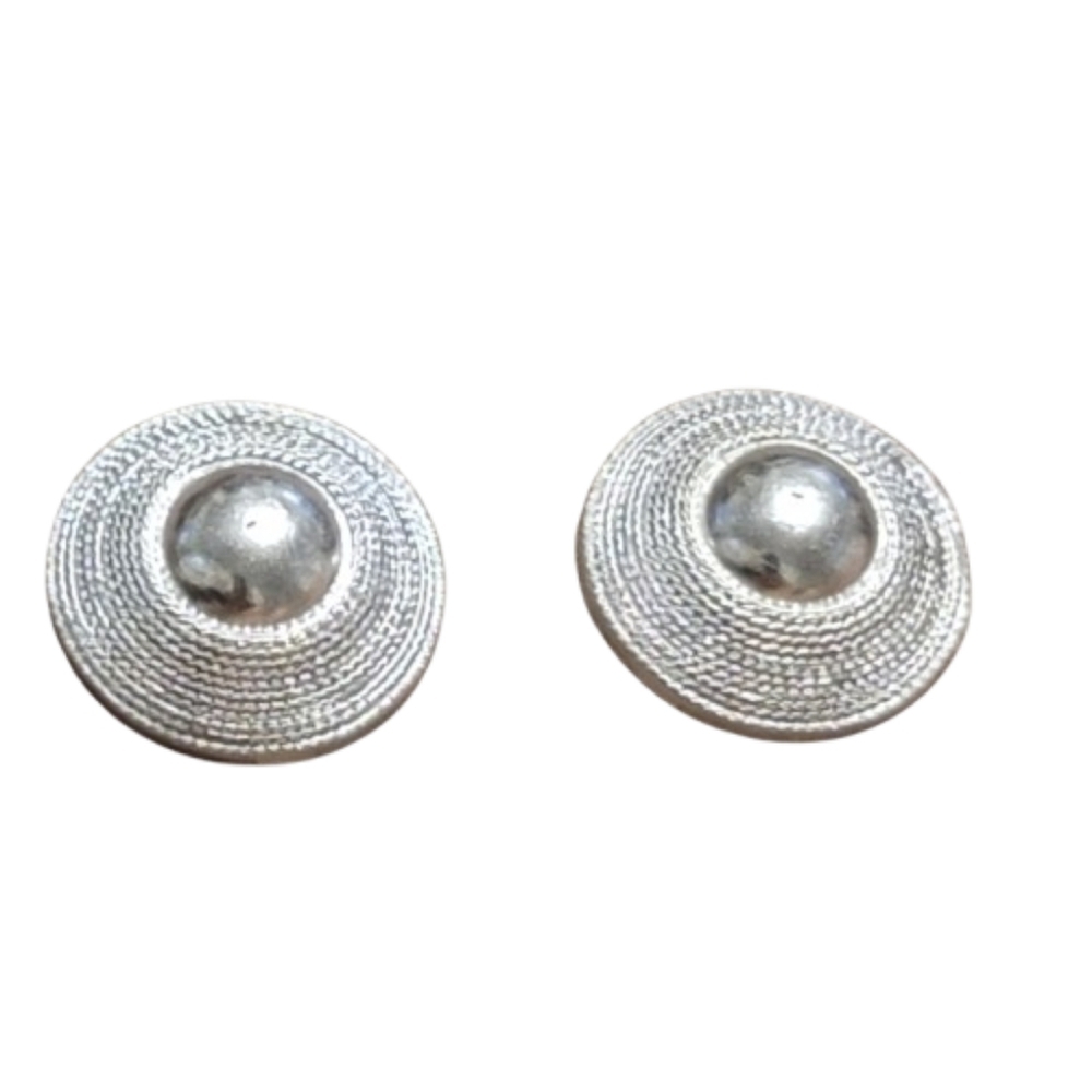 W. Germany Disc Clip On Earrings Unsigned Silver Tone Textured and Polished 7/8"